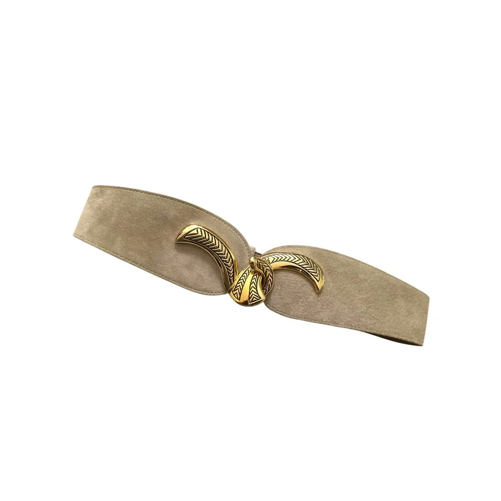 Vintage Tan Suede Wide‎ Waist Cinch Belt Gold Sculptural Buckle Art Boho Western